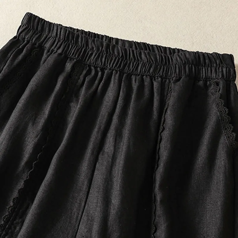 Buddha Stones Casual Plain Lace Side Design 7-8 Length Cotton Linen Women's Harem Pants With Pockets