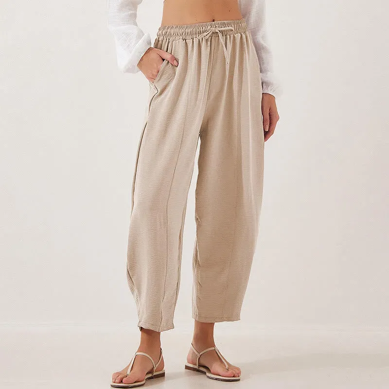 Buddha Stones Casual Plain Loose Drawstring Women's Polyester 7/8 Length Pants  With Pockets