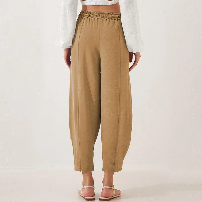 Buddha Stones Casual Plain Loose Drawstring Women's Polyester 7/8 Length Pants  With Pockets