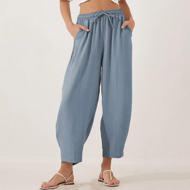 Buddha Stones Casual Plain Loose Drawstring Women's Polyester 7/8 Length Pants  With Pockets
