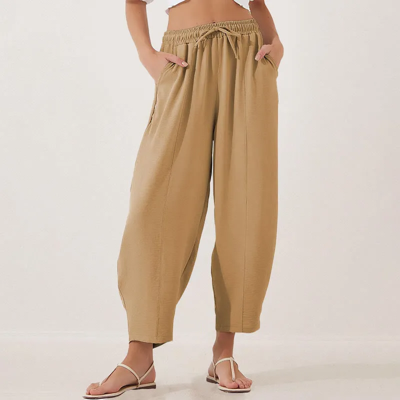 Buddha Stones Casual Plain Loose Drawstring Women's Polyester 7/8 Length Pants  With Pockets