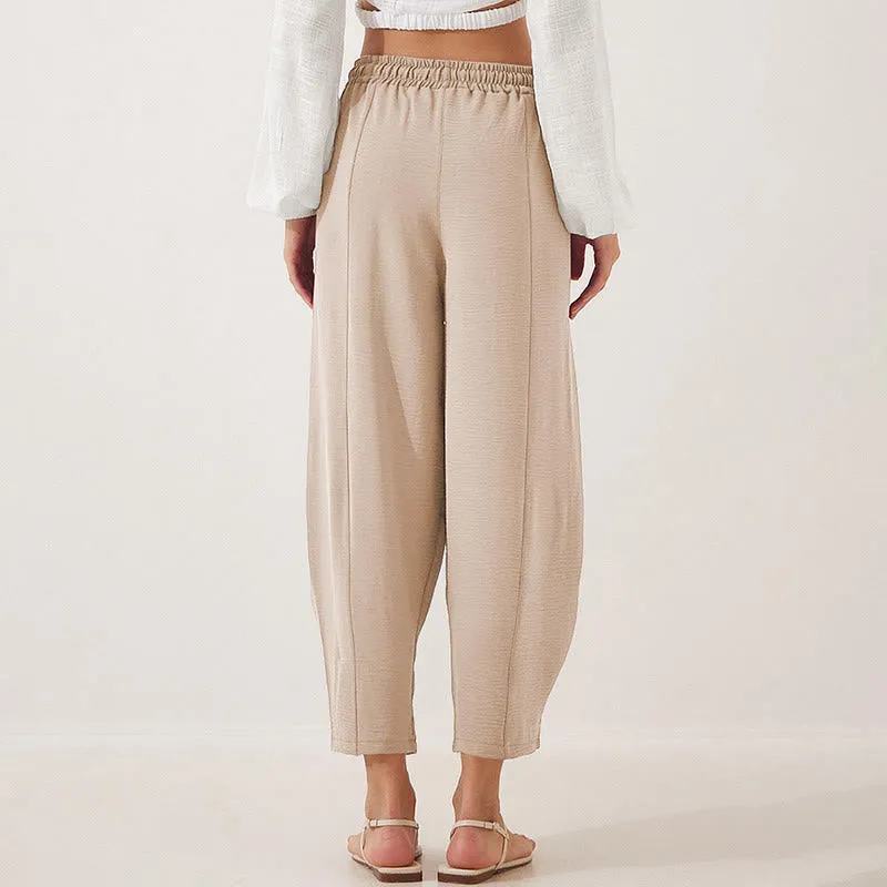 Buddha Stones Casual Plain Loose Drawstring Women's Polyester 7/8 Length Pants  With Pockets