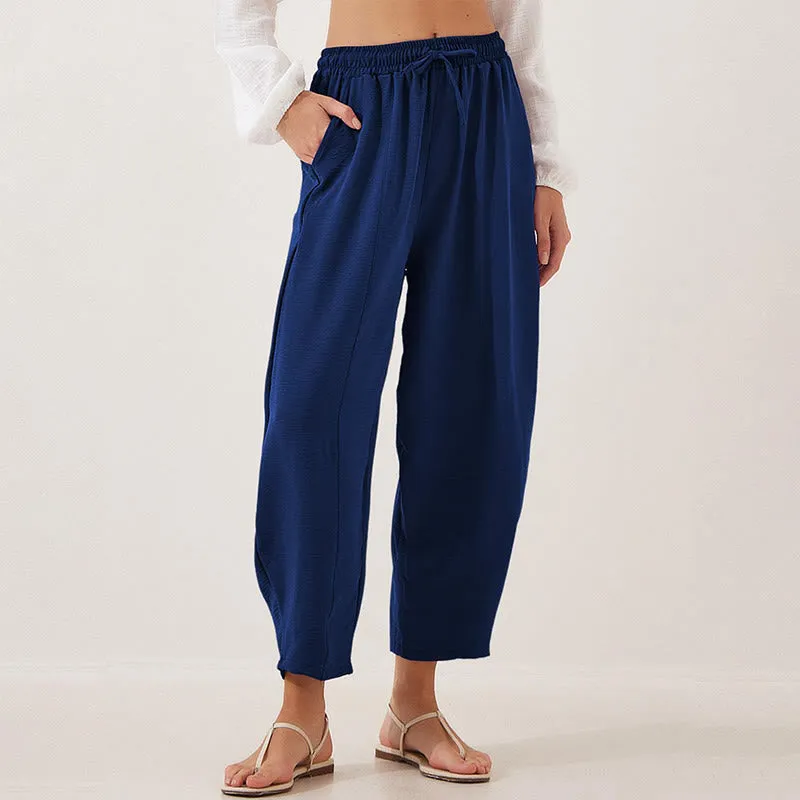 Buddha Stones Casual Plain Loose Drawstring Women's Polyester 7/8 Length Pants  With Pockets