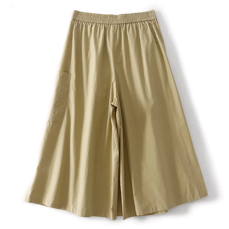Buddha Stones Irregular Casual Plain 7-8 Length Cotton Linen Women's Wide Leg Pants