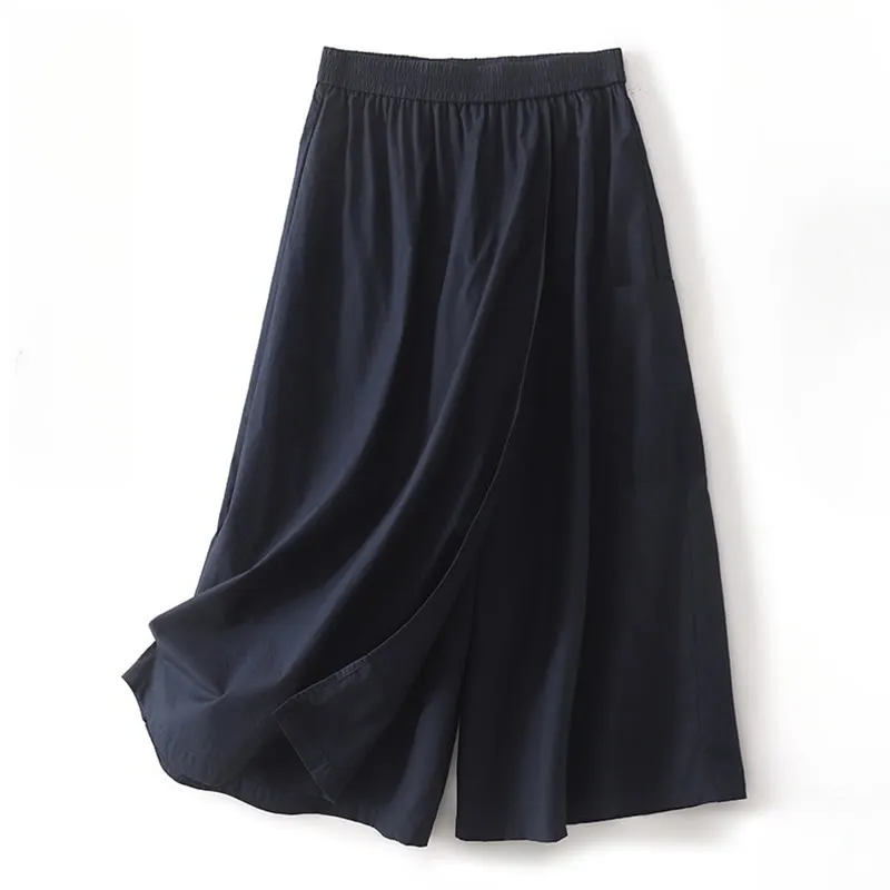 Buddha Stones Irregular Casual Plain 7-8 Length Cotton Linen Women's Wide Leg Pants