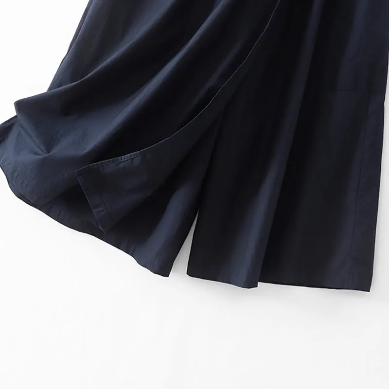 Buddha Stones Irregular Casual Plain 7-8 Length Cotton Linen Women's Wide Leg Pants