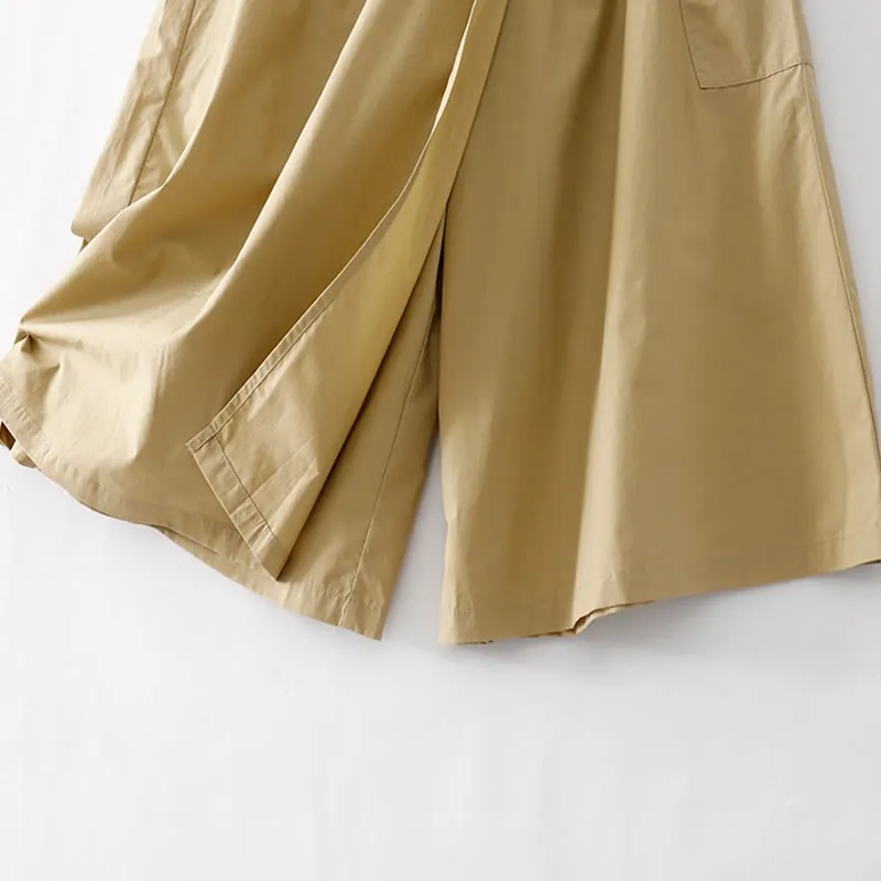 Buddha Stones Irregular Casual Plain 7-8 Length Cotton Linen Women's Wide Leg Pants