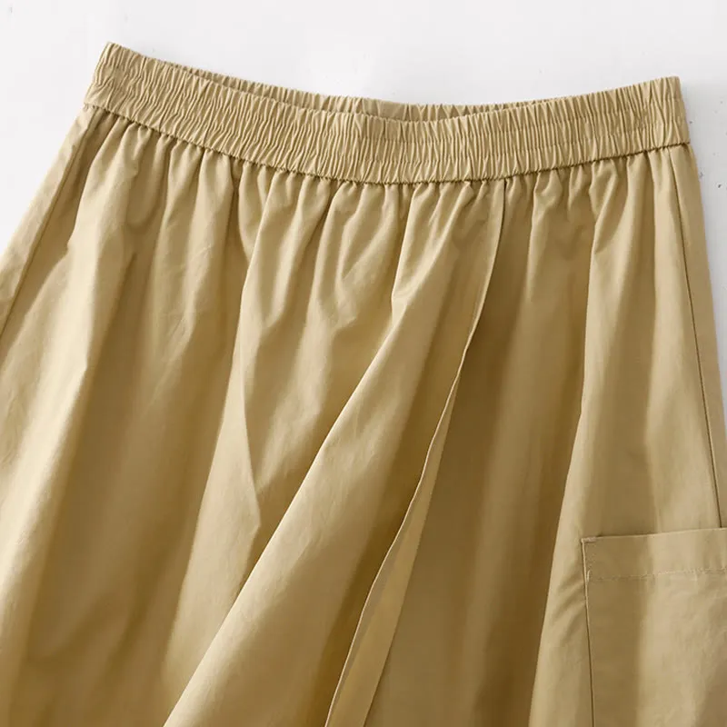 Buddha Stones Irregular Casual Plain 7-8 Length Cotton Linen Women's Wide Leg Pants
