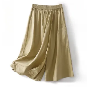 Buddha Stones Irregular Casual Plain 7-8 Length Cotton Linen Women's Wide Leg Pants