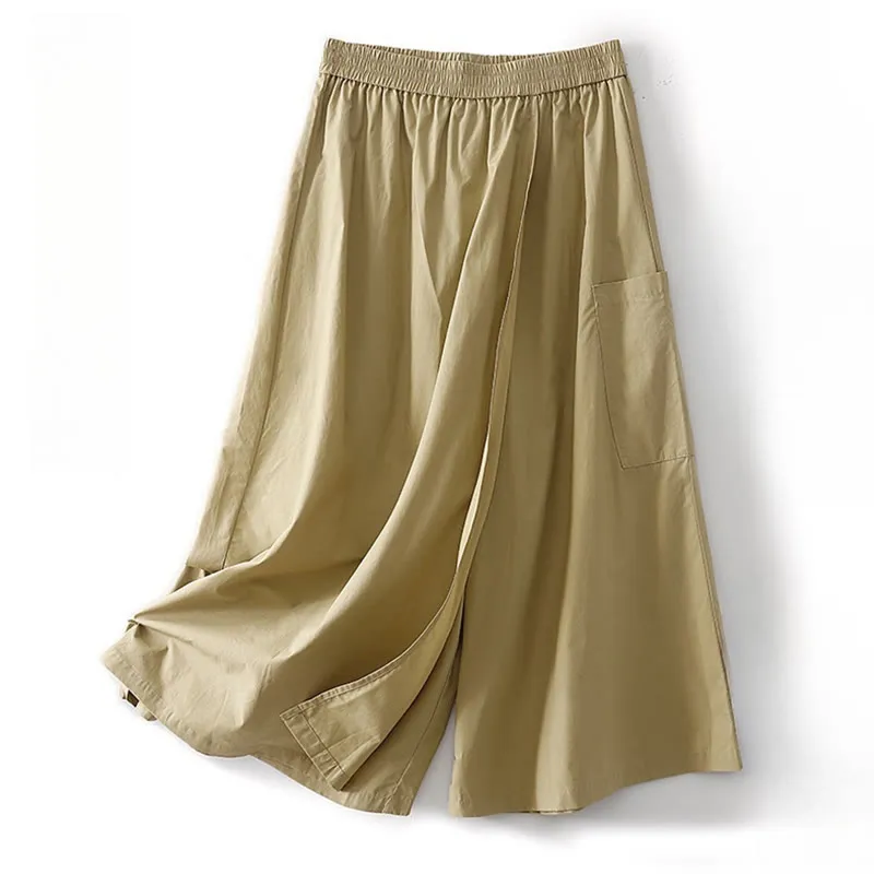 Buddha Stones Irregular Casual Plain 7-8 Length Cotton Linen Women's Wide Leg Pants