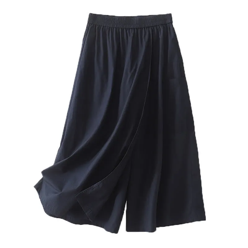 Buddha Stones Irregular Casual Plain 7-8 Length Cotton Linen Women's Wide Leg Pants