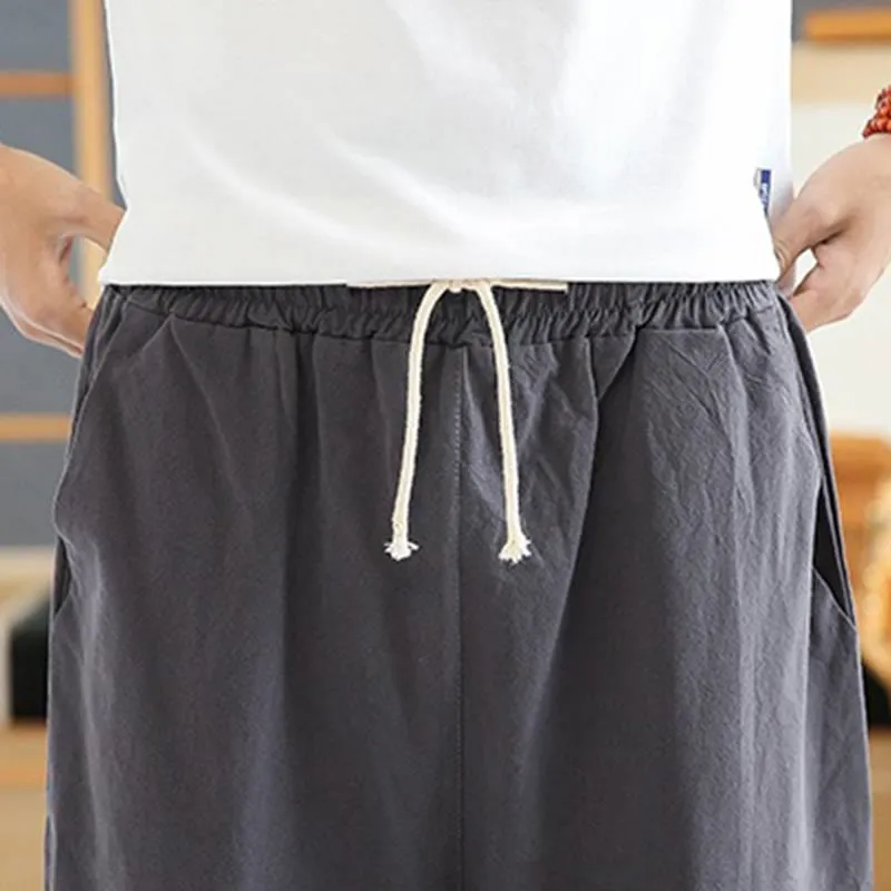 Buddha Stones Spring Casual Embroidery Drawstring Men's 7-8 Length Cotton Linen Harem Pants With Pockets