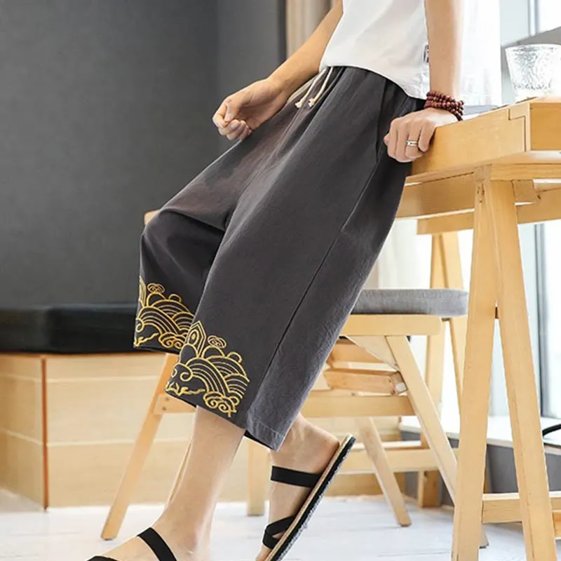 Buddha Stones Spring Casual Embroidery Drawstring Men's 7-8 Length Cotton Linen Harem Pants With Pockets