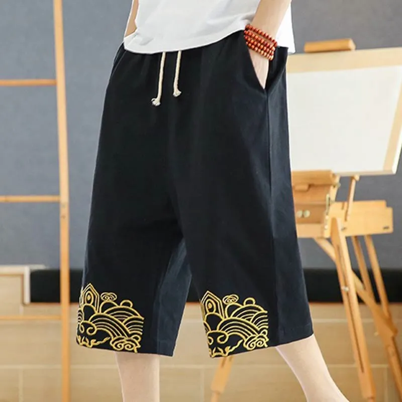 Buddha Stones Spring Casual Embroidery Drawstring Men's 7-8 Length Cotton Linen Harem Pants With Pockets
