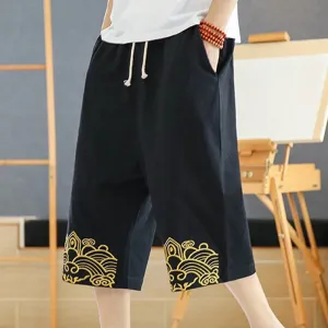 Buddha Stones Spring Casual Embroidery Drawstring Men's 7-8 Length Cotton Linen Harem Pants With Pockets