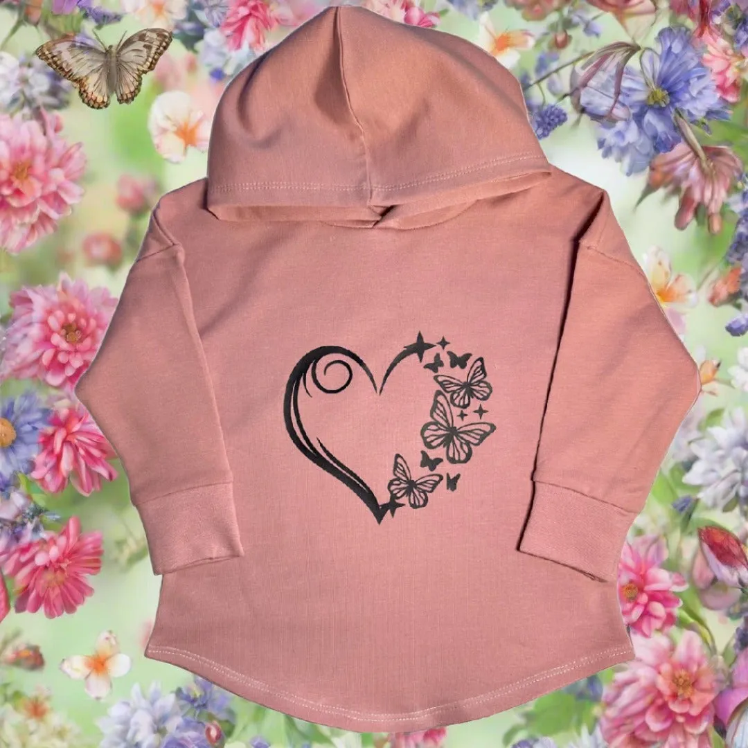 Butterfly Heart Graphic Design on Rose Pink Hooded T-shirt