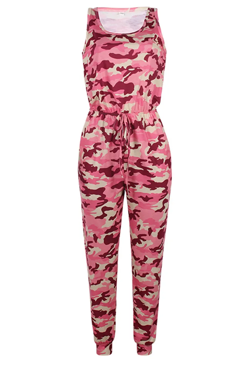 Casual Camouflage Print Patchwork O Neck Harlan Jumpsuits(5 Colors)