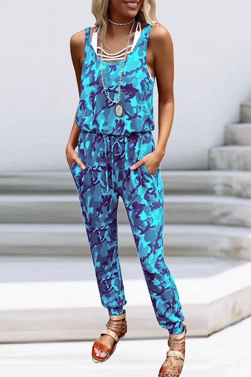 Casual Camouflage Print Patchwork O Neck Harlan Jumpsuits(5 Colors)