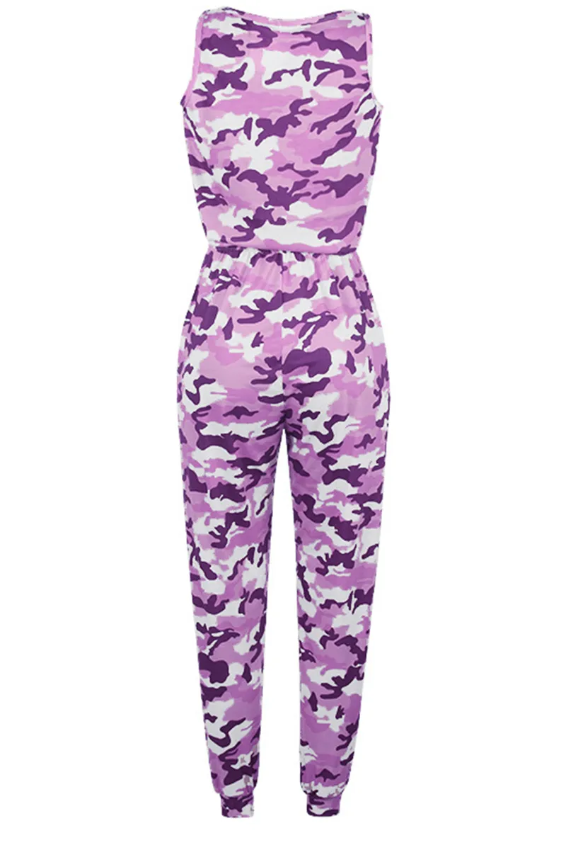 Casual Camouflage Print Patchwork O Neck Harlan Jumpsuits(5 Colors)