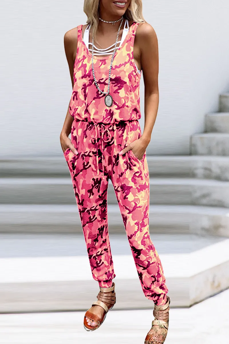 Casual Camouflage Print Patchwork O Neck Harlan Jumpsuits(5 Colors)