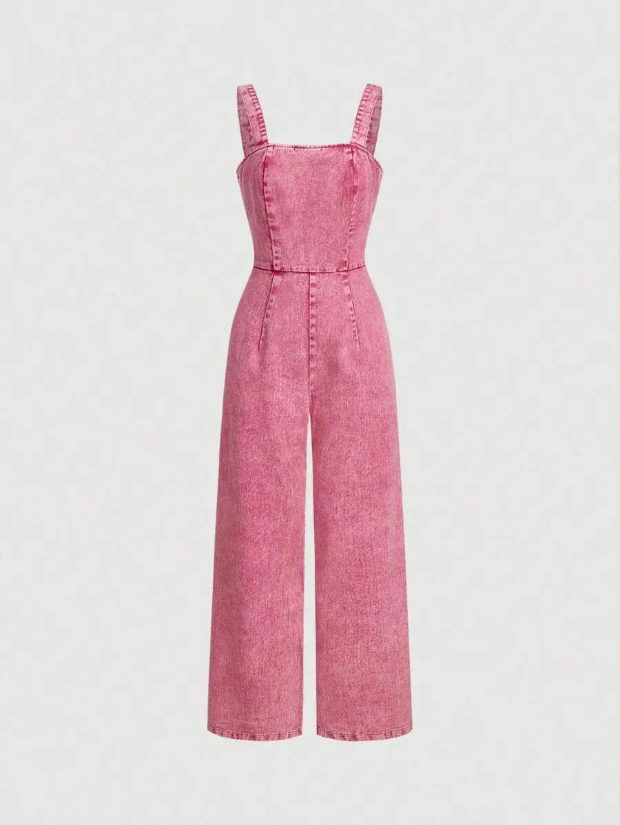 Casual Denim Overall – High Waist Cropped with Pockets – Pink