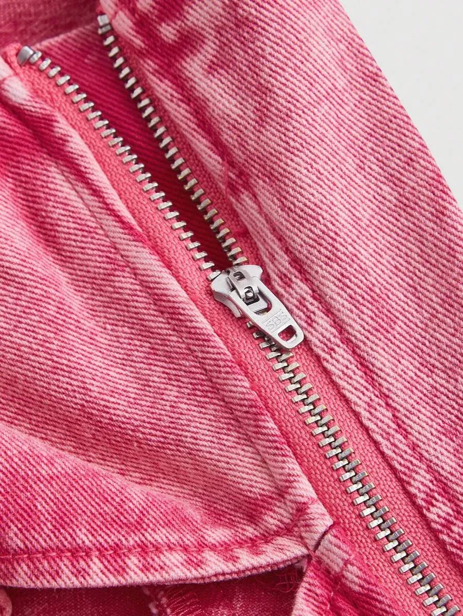 Casual Denim Overall – High Waist Cropped with Pockets – Pink