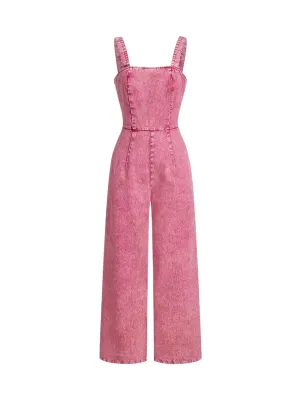 Casual Denim Overall – High Waist Cropped with Pockets – Pink