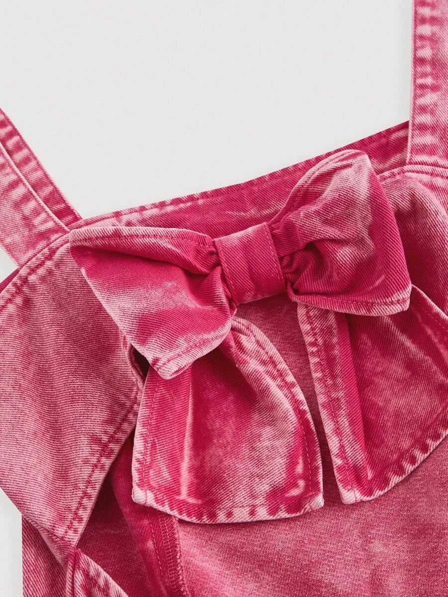 Casual Denim Overall – High Waist Cropped with Pockets – Pink