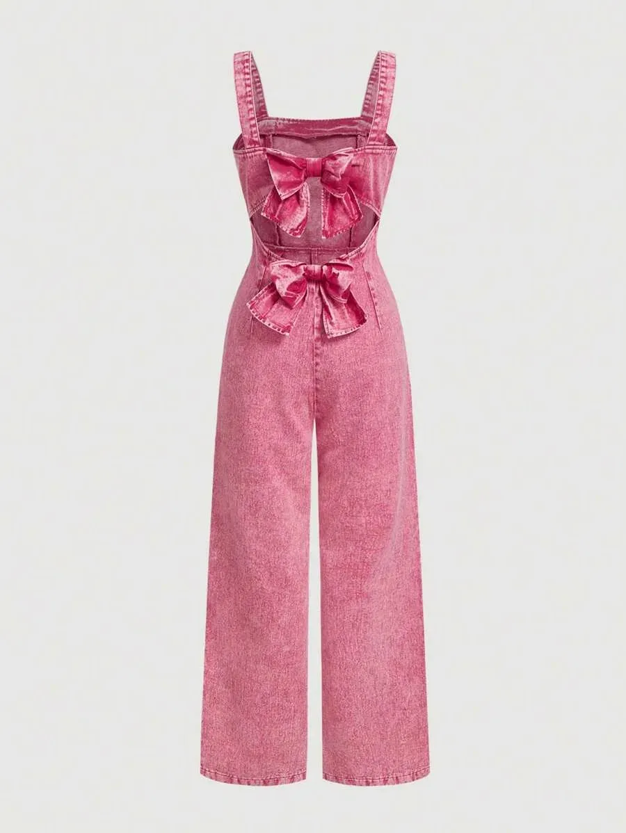 Casual Denim Overall – High Waist Cropped with Pockets – Pink