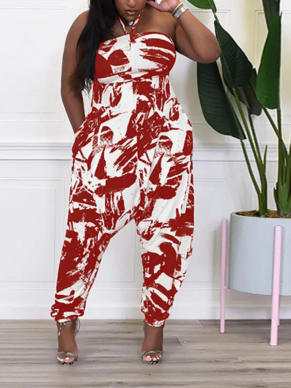 Casual Print Halter Backless Jumpsuits