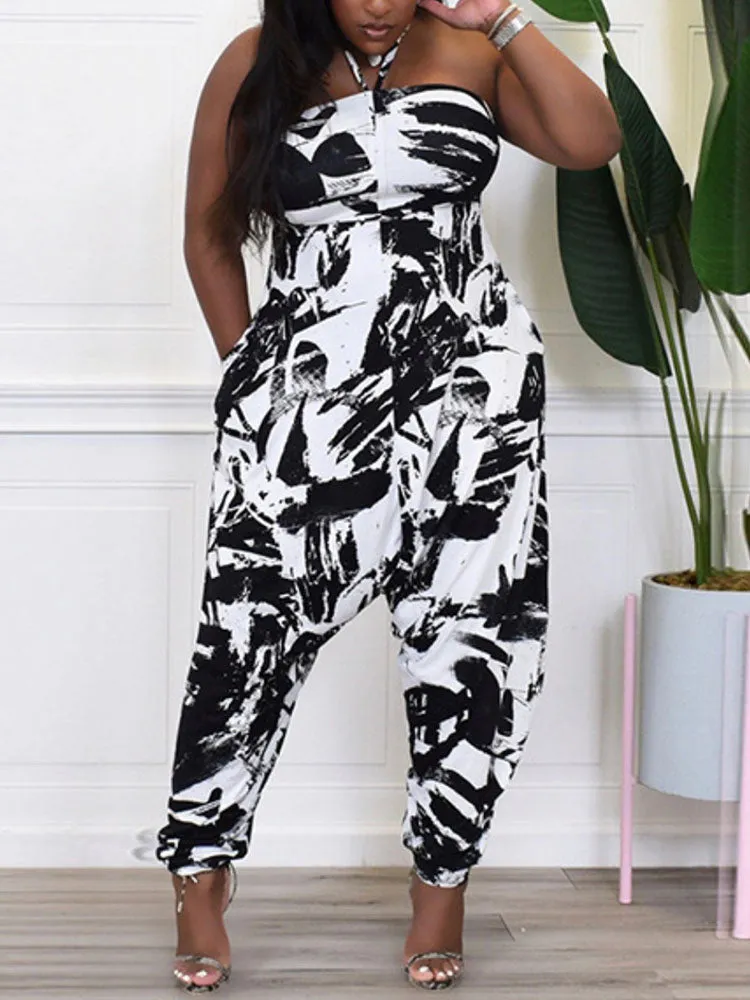 Casual Print Halter Backless Jumpsuits