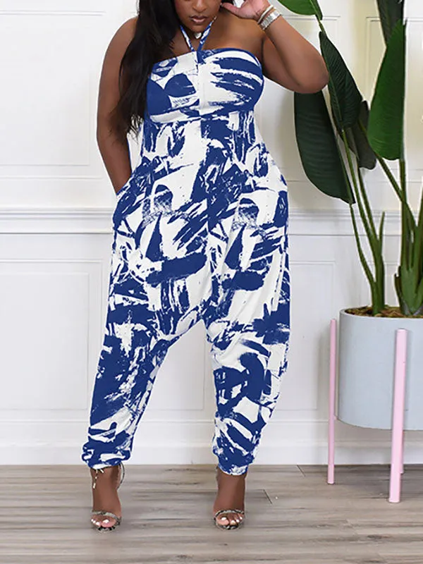 Casual Print Halter Backless Jumpsuits