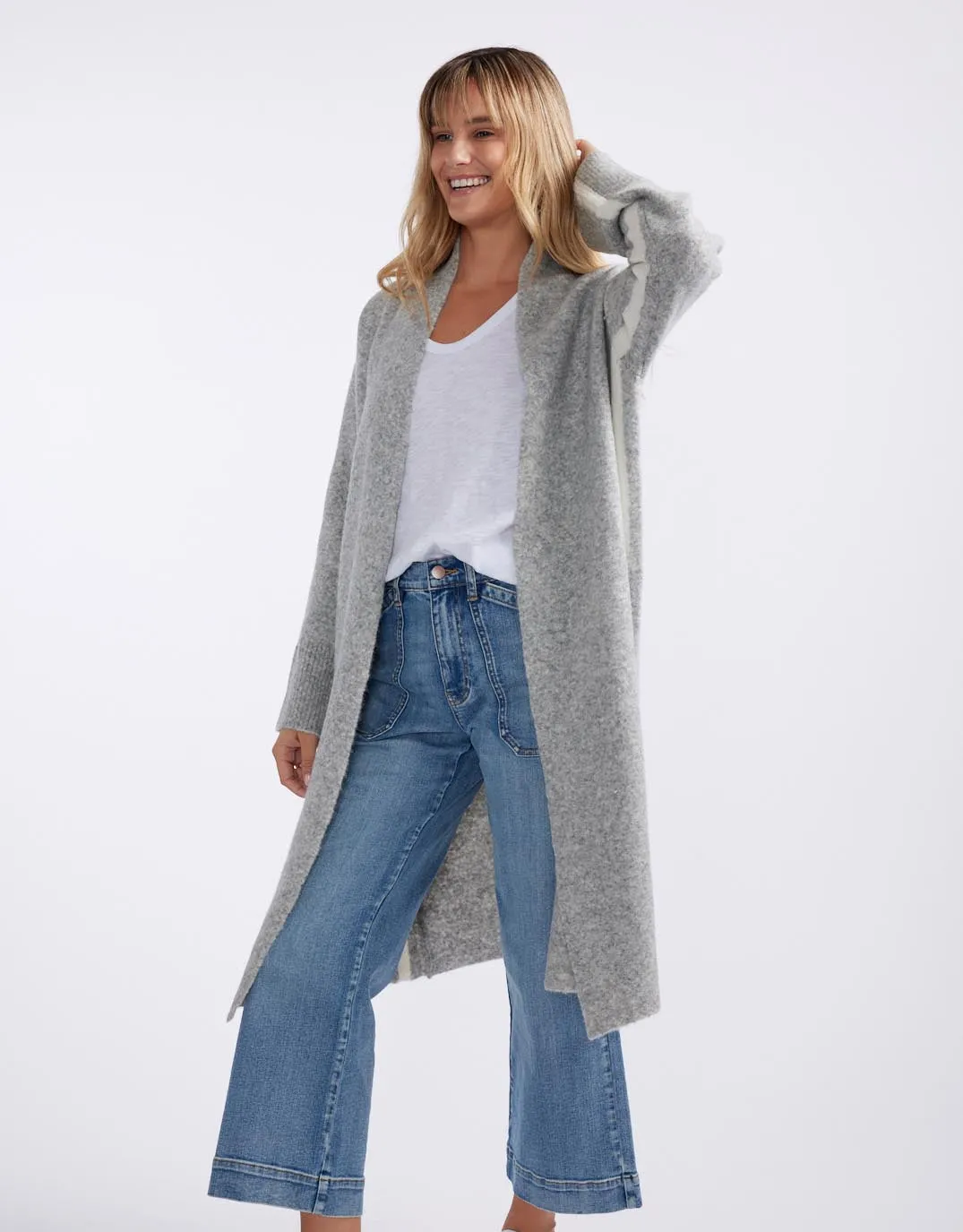 Chalet Longline Cardigan - Grey Marle/White