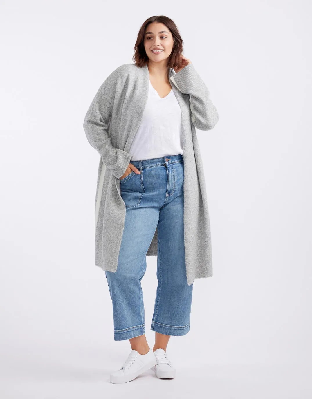 Chalet Longline Cardigan - Grey Marle/White