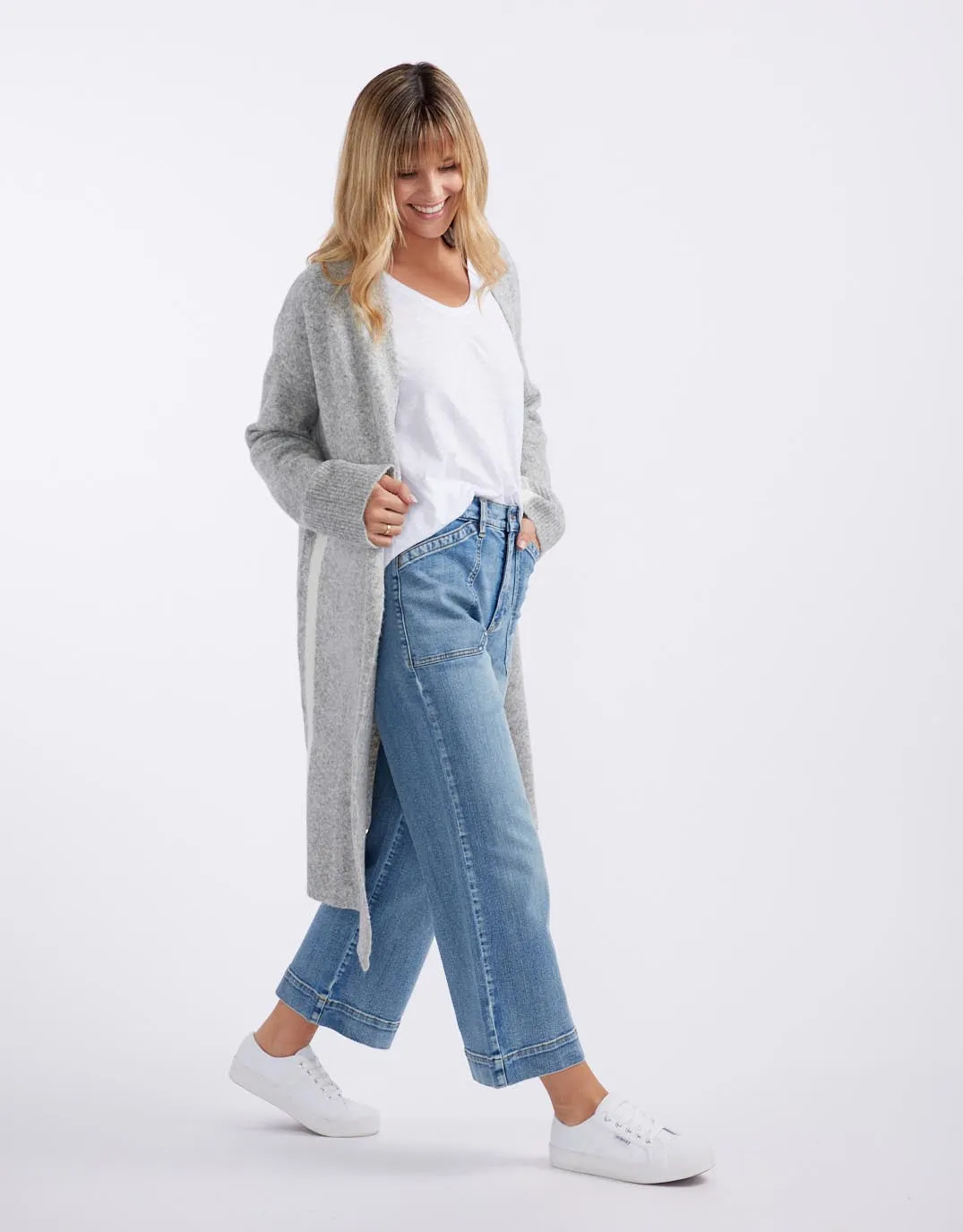 Chalet Longline Cardigan - Grey Marle/White