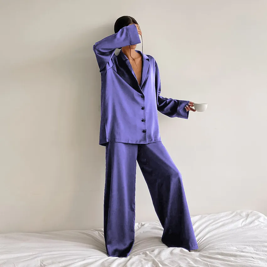 Chic Women's Oversized Silk Pajama Set with Flared Legs