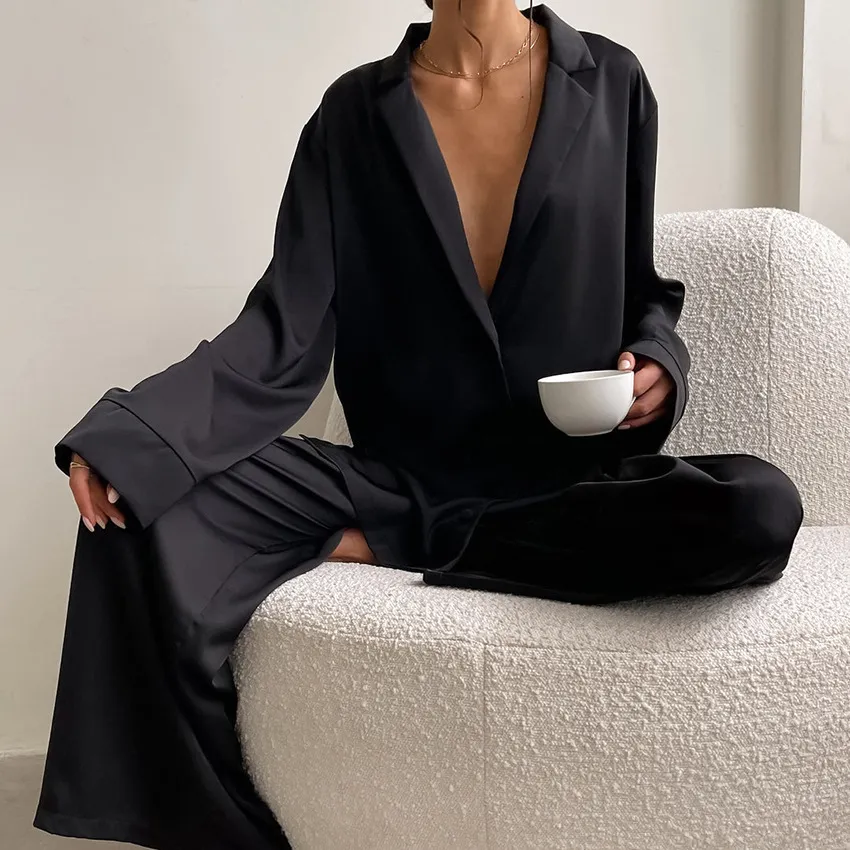 Chic Women's Oversized Silk Pajama Set with Flared Legs