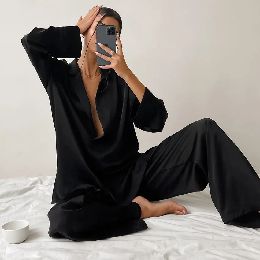 Chic Women's Oversized Silk Pajama Set with Flared Legs