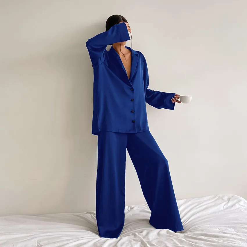 Chic Women's Oversized Silk Pajama Set with Flared Legs