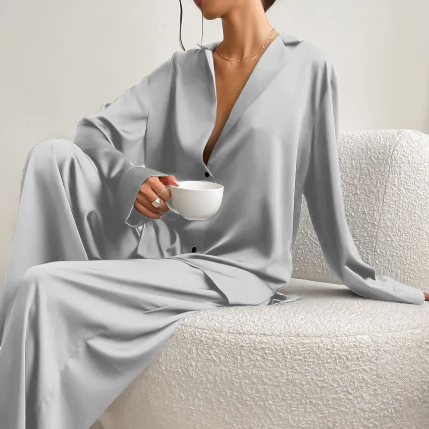 Chic Women's Oversized Silk Pajama Set with Flared Legs