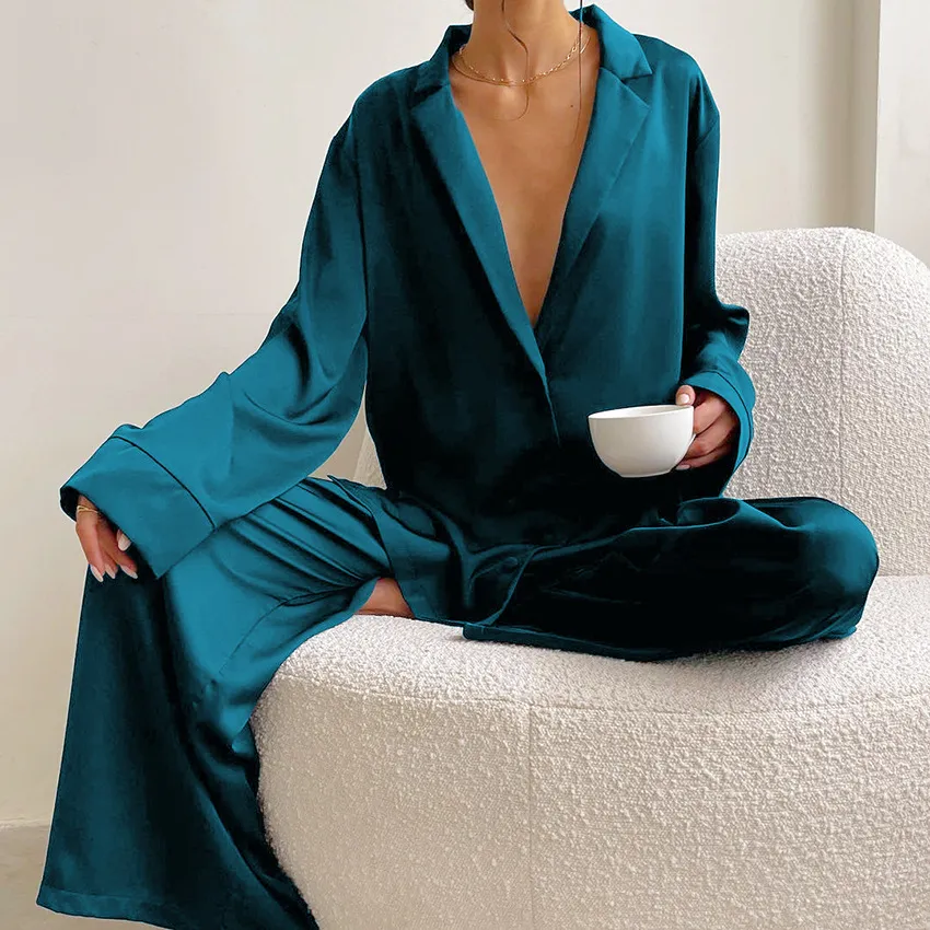 Chic Women's Oversized Silk Pajama Set with Flared Legs
