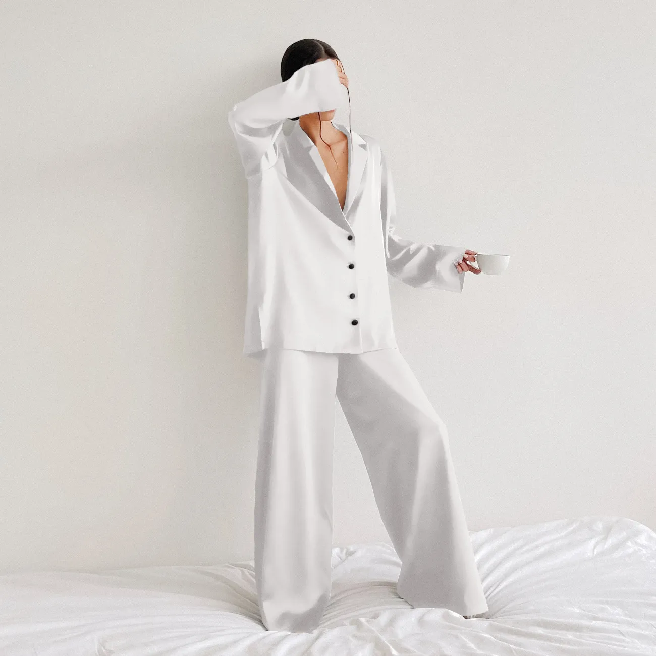 Chic Women's Oversized Silk Pajama Set with Flared Legs
