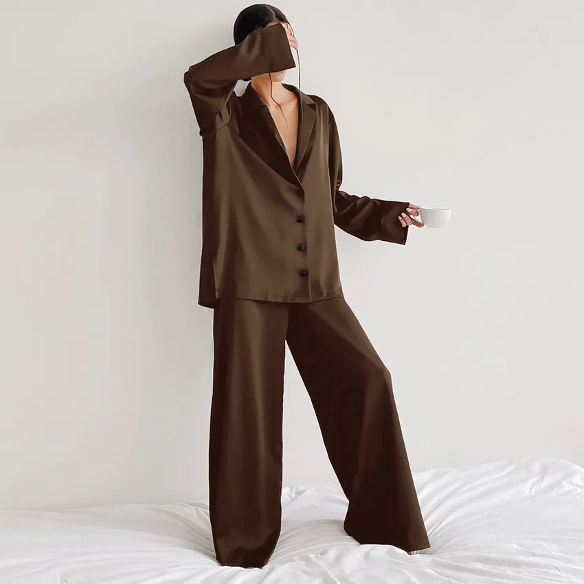 Chic Women's Oversized Silk Pajama Set with Flared Legs