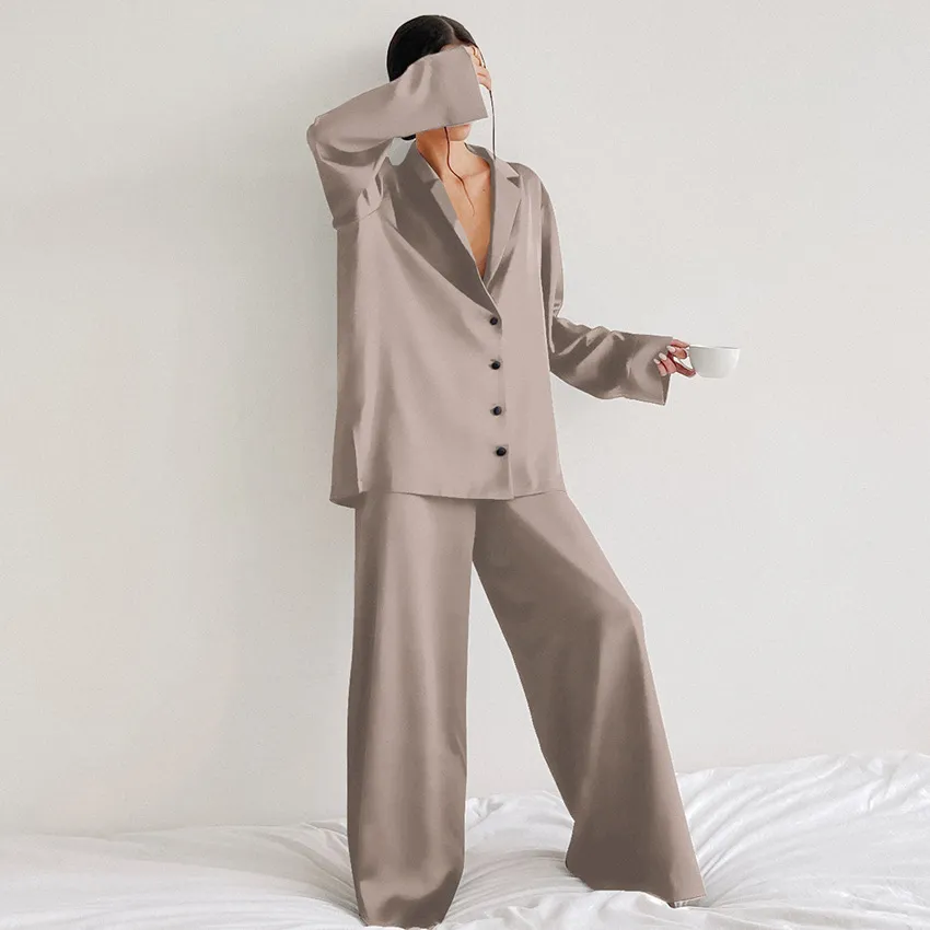 Chic Women's Oversized Silk Pajama Set with Flared Legs