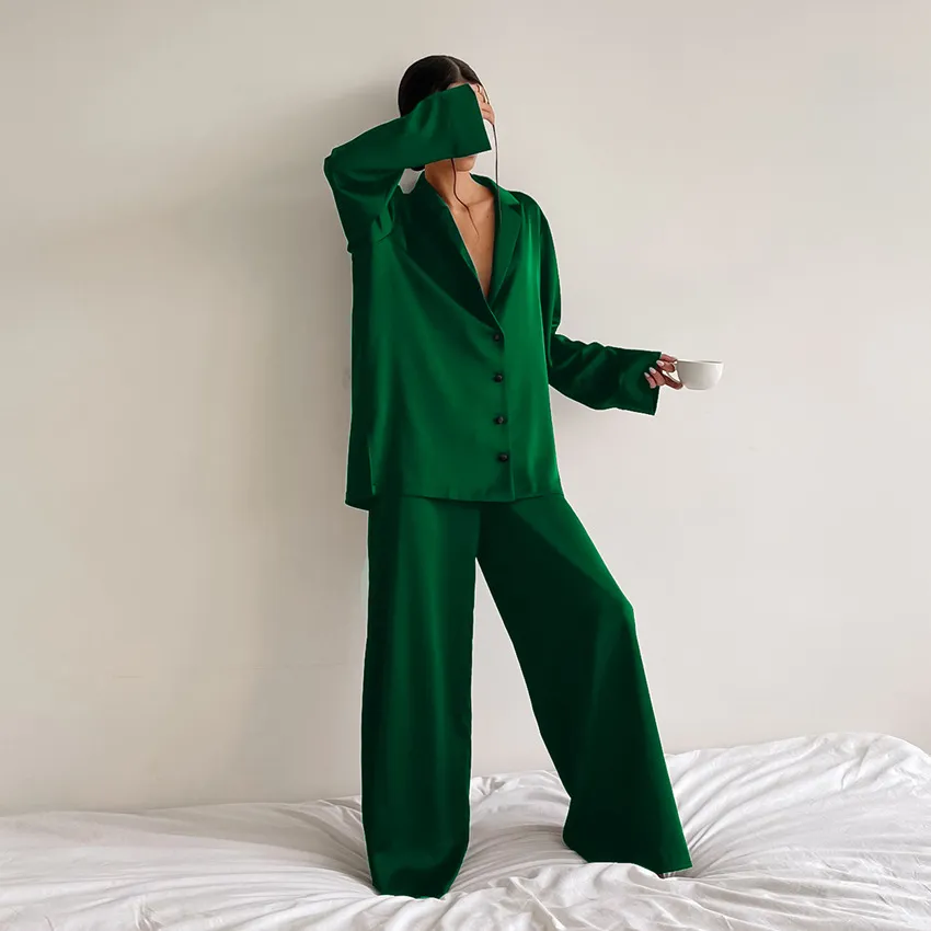 Chic Women's Oversized Silk Pajama Set with Flared Legs