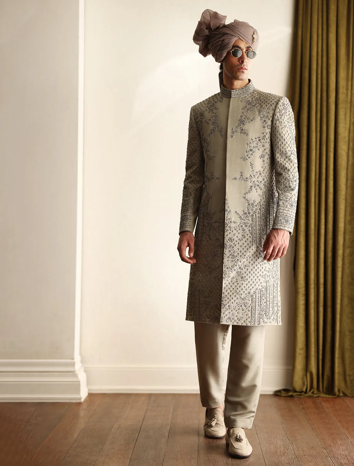 Classic Light Olive Hand Embroidered Pakistani Groom Sherwani