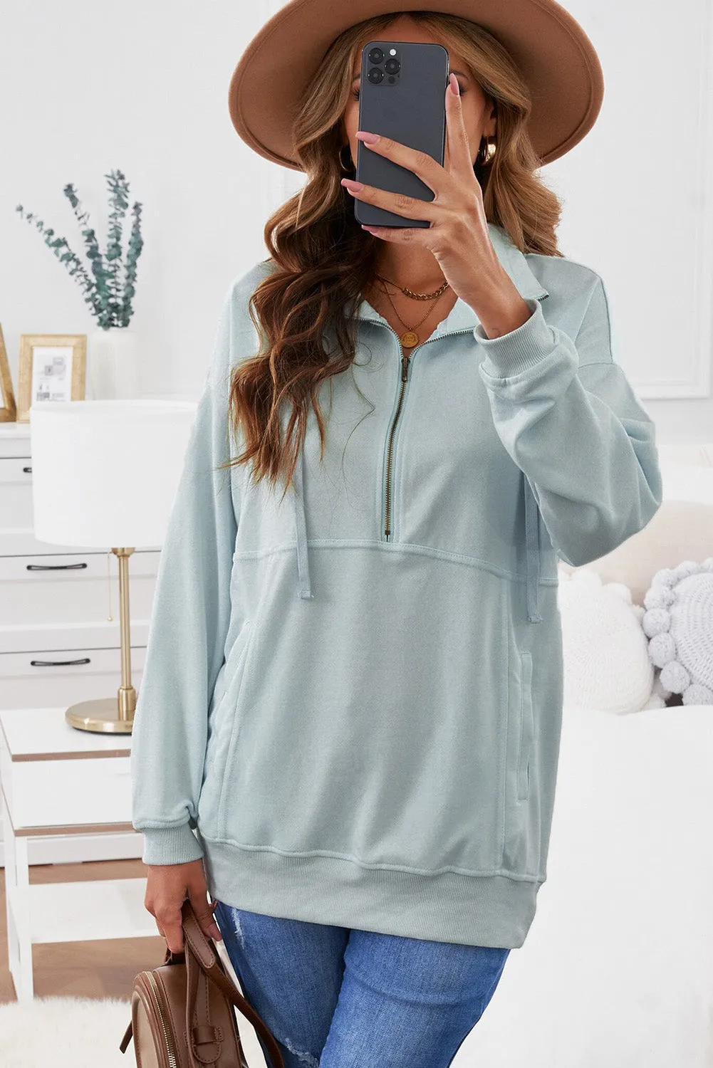 Cotton Pocketed Half Zip Pullover Pink Sweatshirt