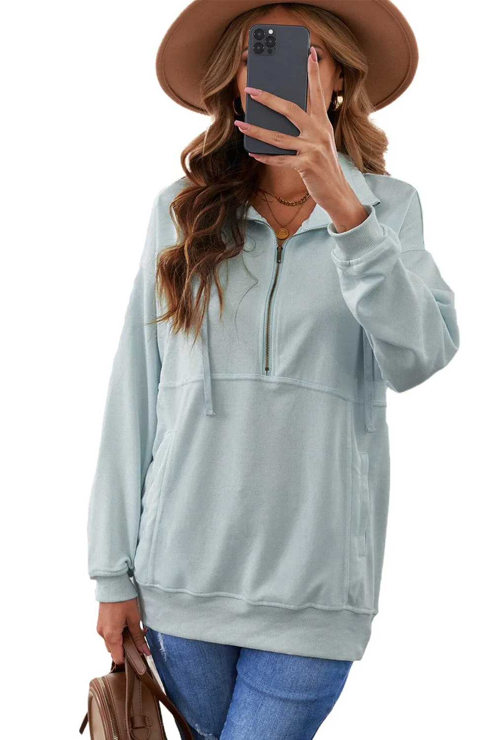 Cotton Pocketed Half Zip Pullover Pink Sweatshirt
