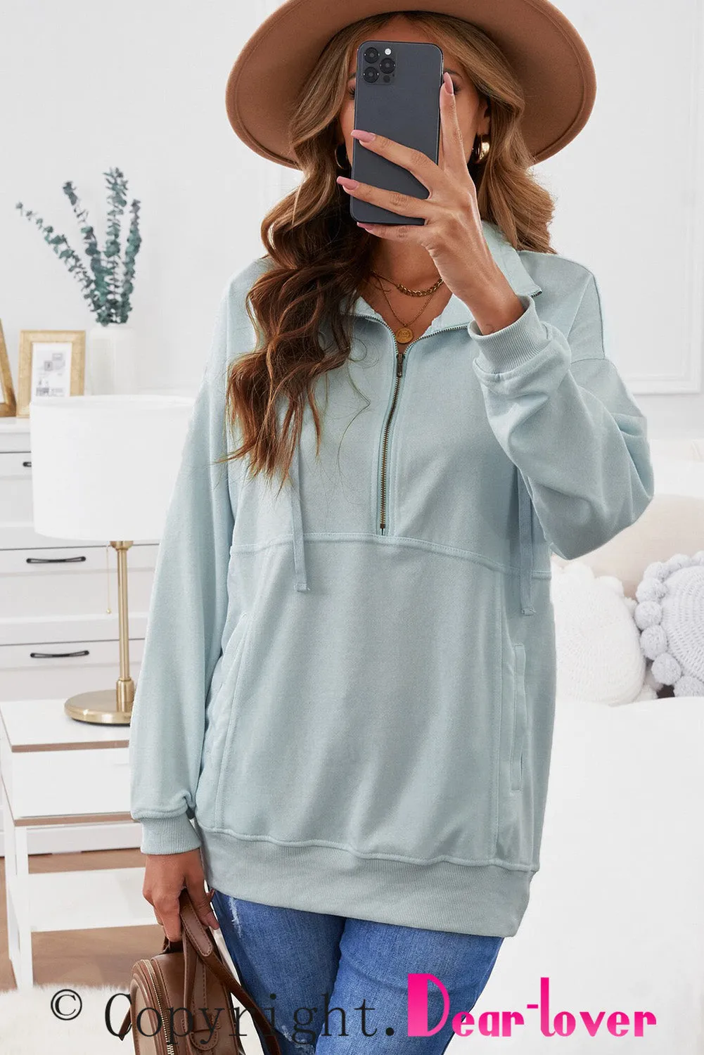 Cotton Pocketed Half Zip Pullover Pink Sweatshirt