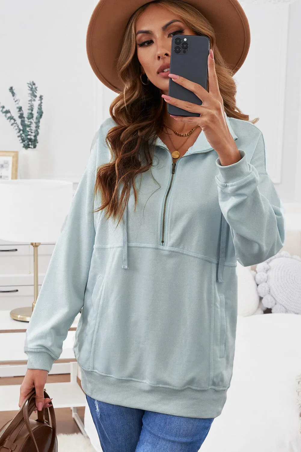 Cotton Pocketed Half Zip Pullover Pink Sweatshirt
